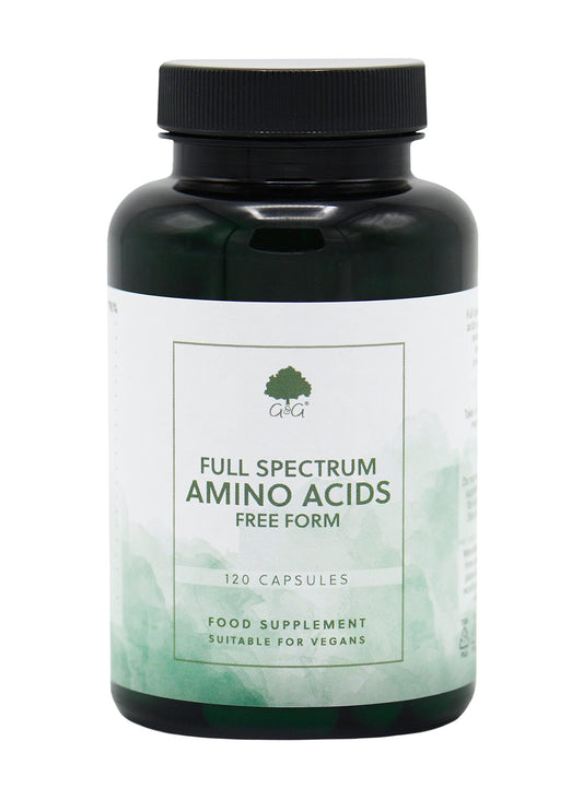 A bottle of Full Spectrum Amino Acids vegan capsules with 120 capsules by G&G