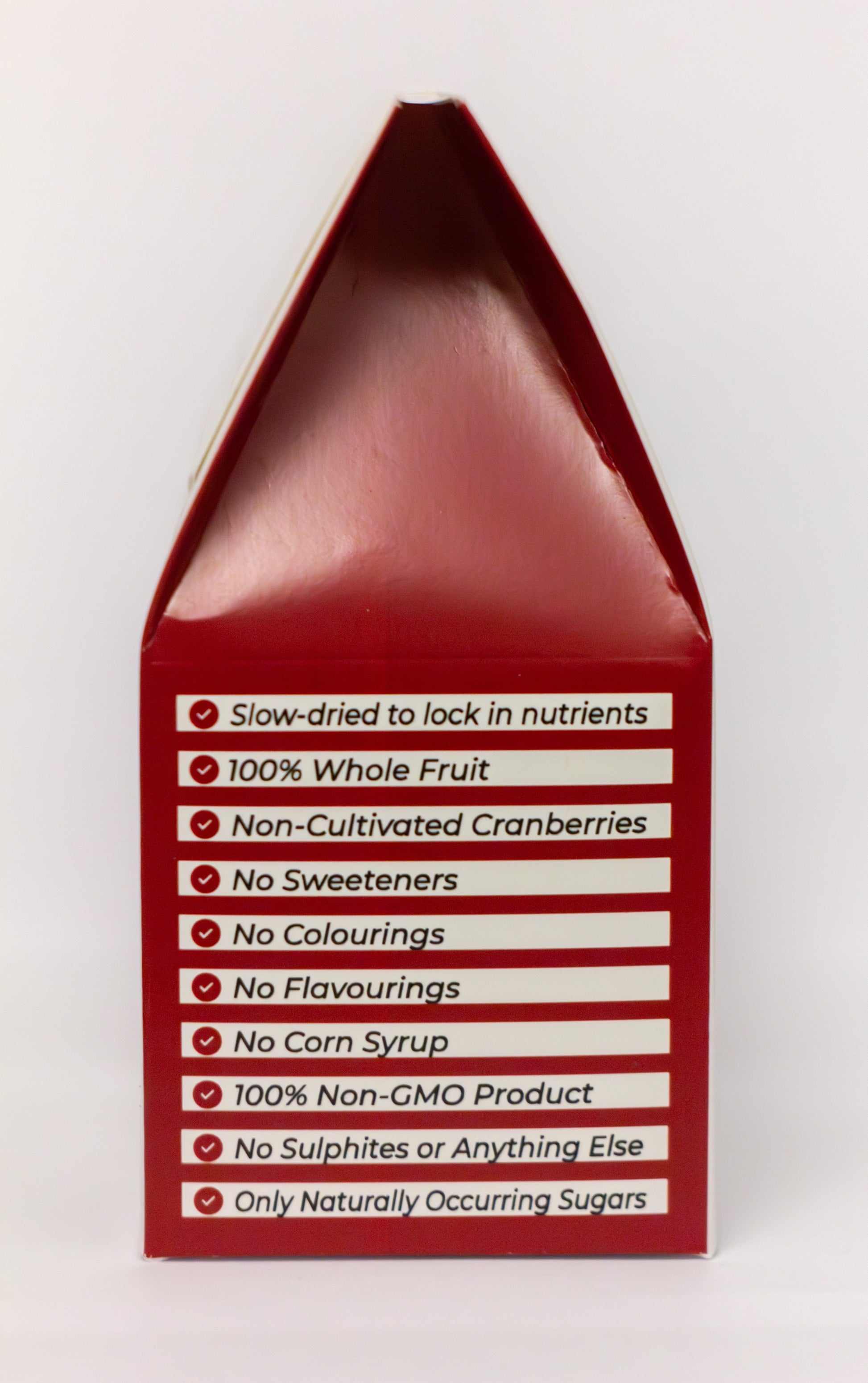Red box with white text listing health benefits on a white background