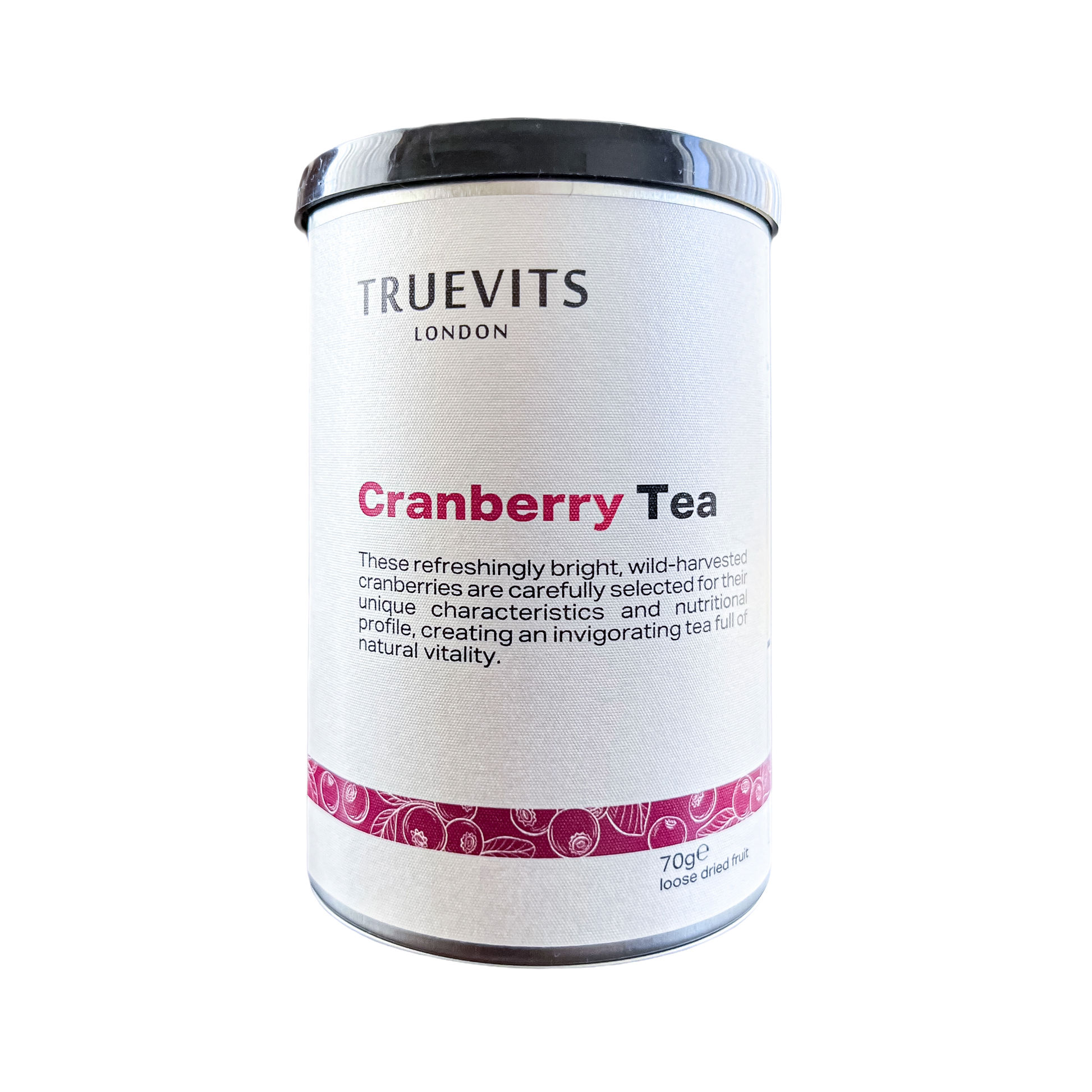 Truevits Cranberry Tea container on a white background