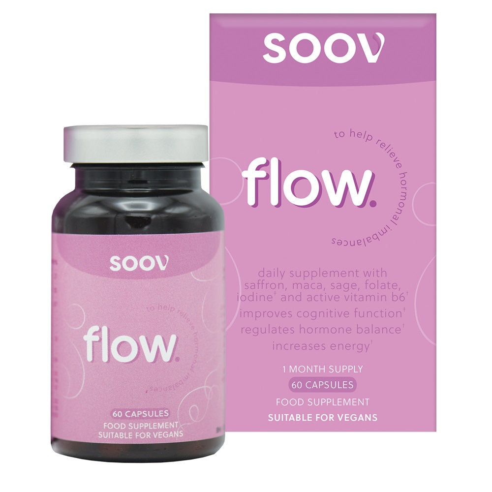 A bottle of SOOV flow menstrual supplements with 60 capsules, alongside its packaging box. The product packaging is primarily pink with white text, and the bottle is transparent with capsules visible inside.