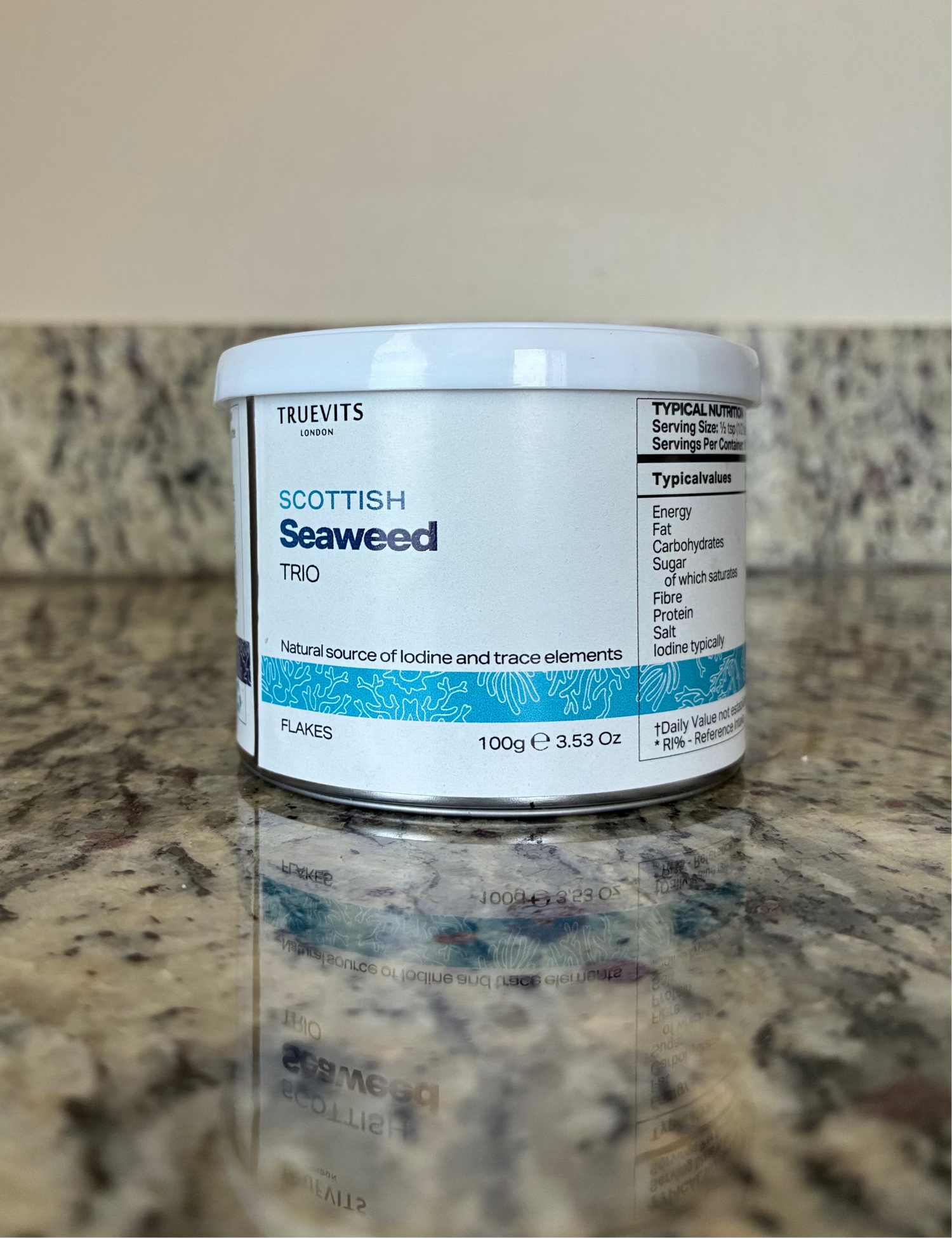 Container of Truevits Scottish Seaweed Trio on a granite countertop