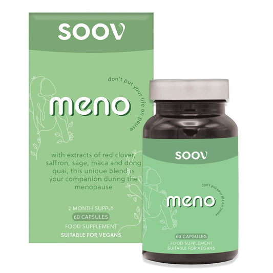 Packaging for SOOV Meno menopause multivitamin, featuring a green and white color scheme with text and branding, including a bottle with 60 vegan capsules inside. 