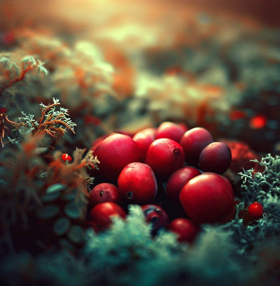 foraged-wild-cranberries-on-lichen-other-forest-plants